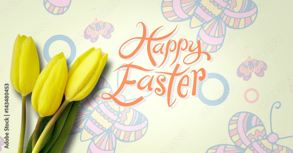Poster happy easter text with daffodils in front of butterfly pattern