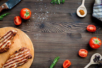 pork steak in home food concept on wooden background top view mockup