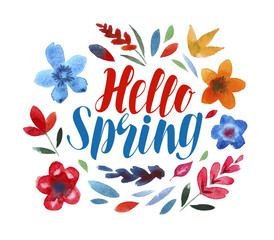 Hello spring, lettering. Flower pattern