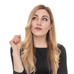 Naklejka premium Blonde young woman looking sideways in excitement.