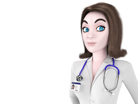 Cartoon stylized ylattractive young female doctor in white coat, isolated on white. 3d render