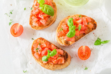 Fresh bruschetta with tomato and basil for a snack