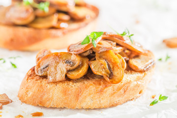 Tasty bruschetta with mushrooms for a breakfast