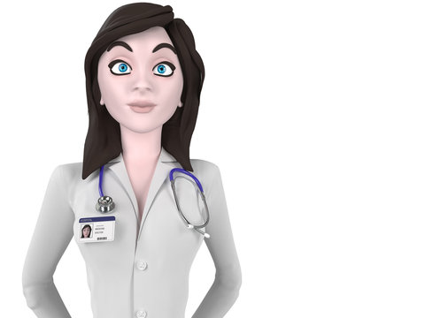 Cartoon stylized ylattractive young female doctor in white coat, isolated on white. 3d render