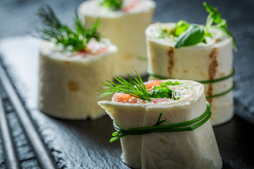 Closeup of rolls with vegetables and cheese for a snack