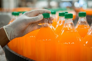 Male worker examining bottles in juice factory
