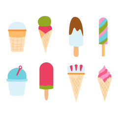 Set ice cartoon colorful cream dessert vector illustration chocolate food sweet cold isolated icon snack cone tasty fruit frozen candy collection