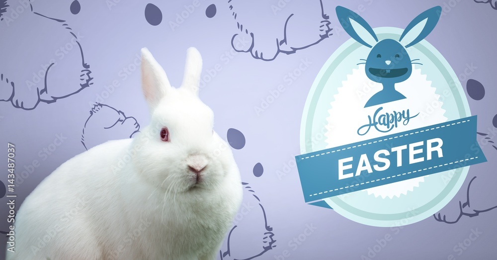 Poster happy easter text with easter rabbit in front of pattern