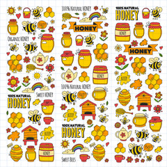 Honey market, bazaar, honey fair Doodle images of bees, flowers, jars, honeycomb, beehive, spot, the keg with lettering sweet honey, natural honey, sweet bees