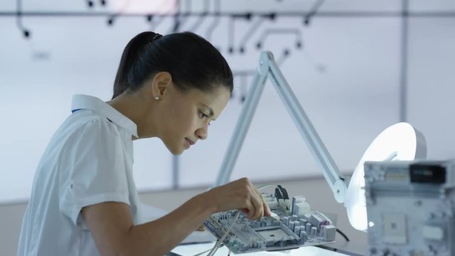  Electronic engineer working in lab looking at motherboard under magnifier