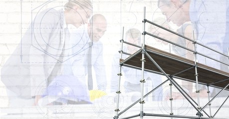 3D scaffolding with architects and blueprint background