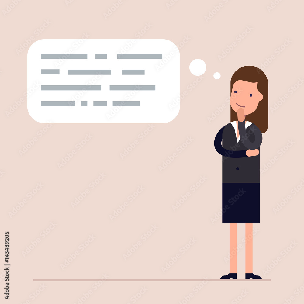 Poster businesswoman or manager thinks. abstract text in speech bubble. concept of the thought process. fla