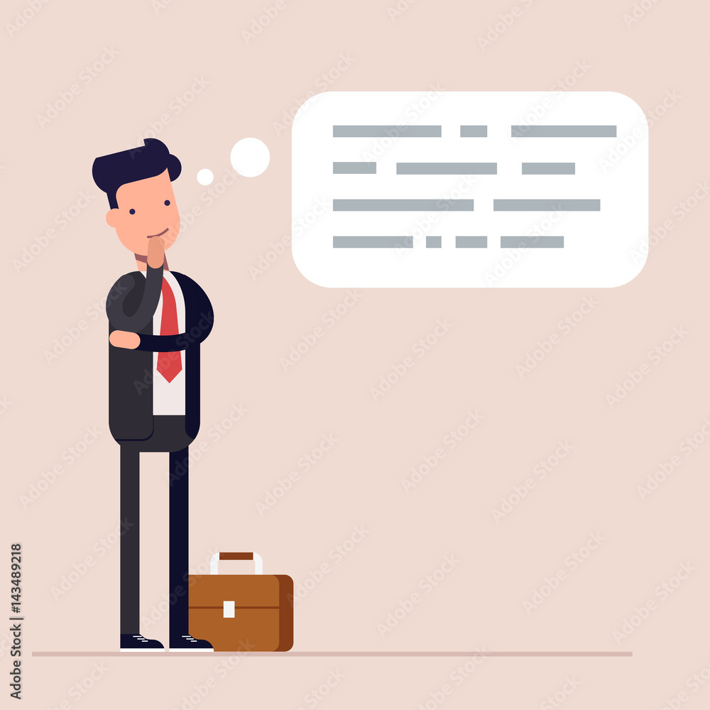 Poster businessman or manager thinks. abstract text in speech bubble. concept of the thought process. flat 