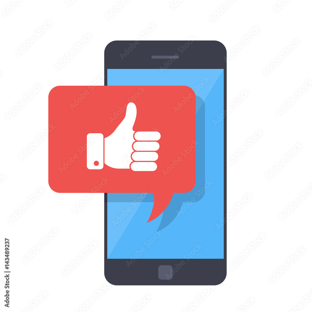 Poster thumbs up icon with smartphone. like message on screen, like button. social network, social media us