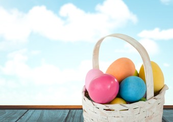 Easter eggs in basket in front of blue sky