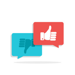 Thumbs up and Thumbs down symbol in speech bubbles. Social network, social media concept for websites, web banner. Long shadow. Flat vector illustration isolated on white background.