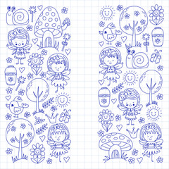 Illustration of magic forest with Fairies Doodle pattern for girls and kindergarten, children shop Kids drawing style