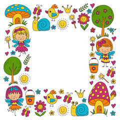 Illustration of magic forest with Fairies Doodle pattern for girls and kindergarten, children shop Kids drawing style