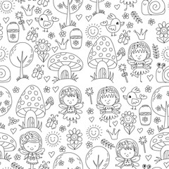 Vector seamless pattern Illustration of magic forest with Fairies Doodle pattern