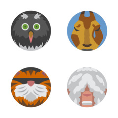 Cute animals emotions icons isolated fun set face happy character emoji comic adorable pet and expression smile collection wild avatar vector illustration.