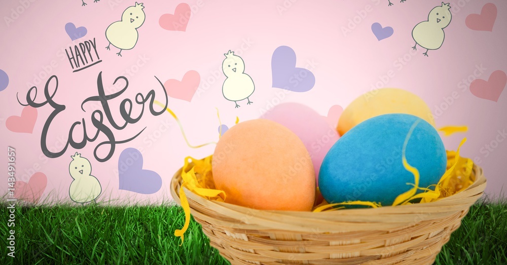 Poster happy easter text with easter eggs in front of pattern