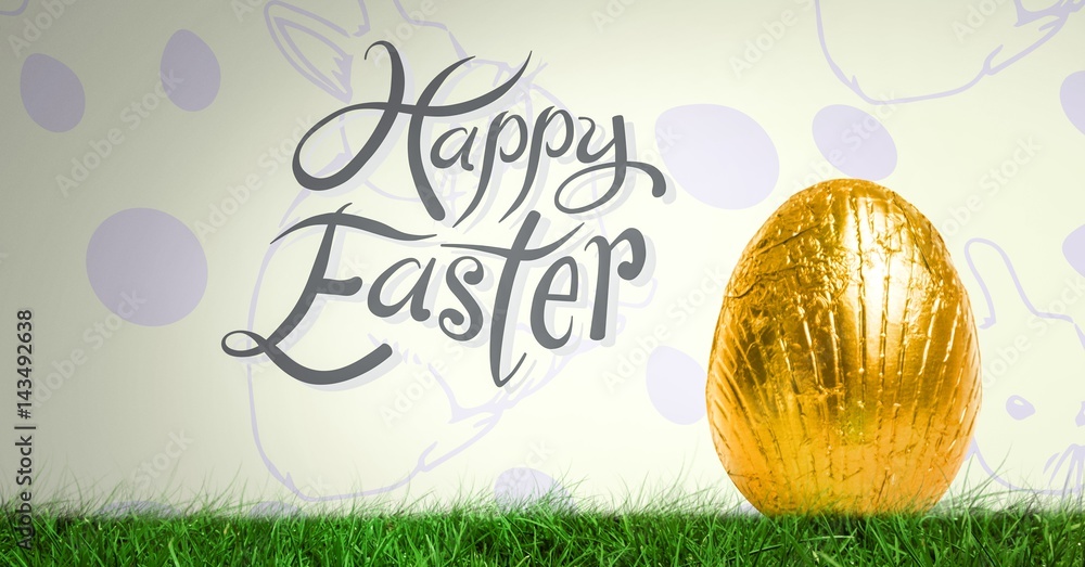 Poster happy easter text with easter egg in front of pattern