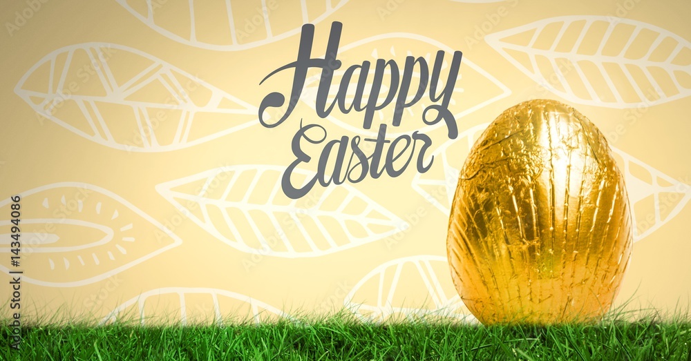 Poster happy easter text with easter egg in front of leaf pattern