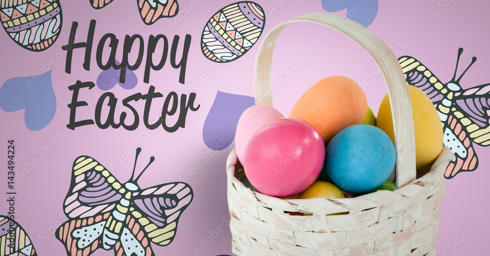 Poster happy easter text with easter eggs in front of pattern
