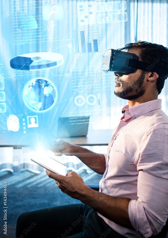 Poster man wearing vr virtual reality headset with interface