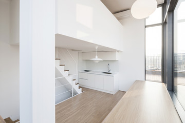 empty white kitchen room at the daylight. 