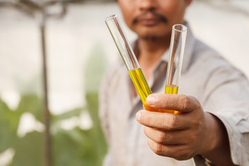 Man biologist pouring liquid from test tube in greenhouse. Agriculture concept.