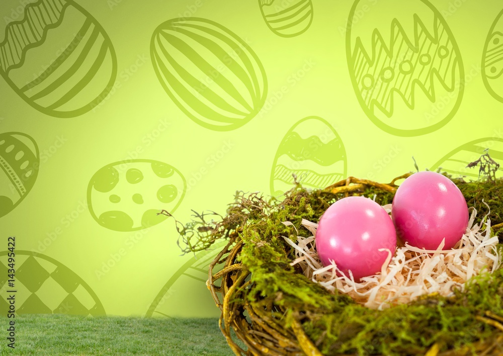 Poster easter eggs in nest in front of pattern