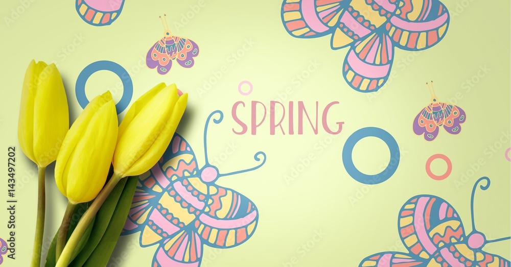 Poster spring text with daffodils in front of butterfly pattern