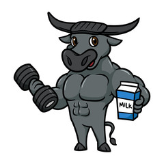 Cartoon Buffalo Character Working Out Holding Milk Cartoon Illustration