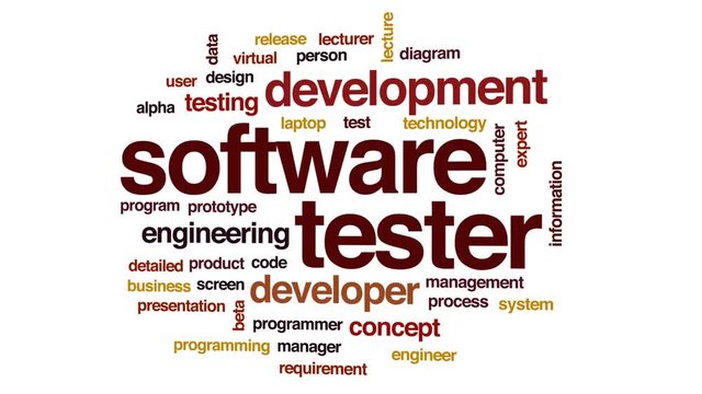 Software tester animated word cloud, text design animation.