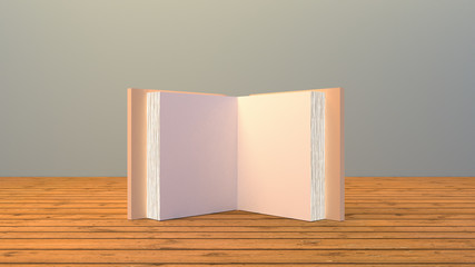 3d rendering picture of open book standing on the wooden floor vertically. Blank white sheet for logo or messages.