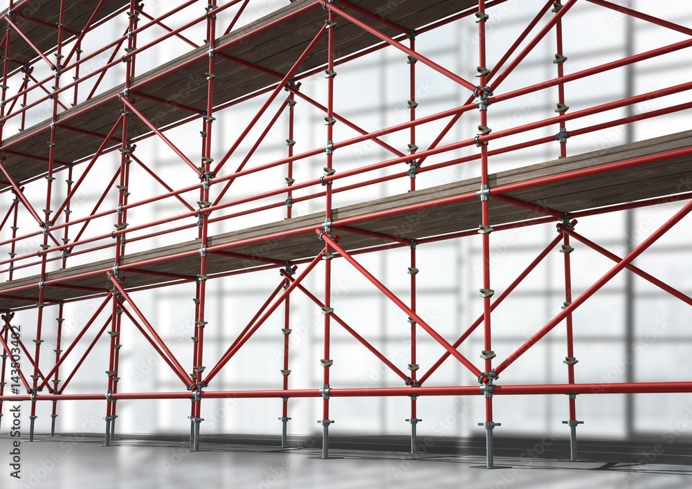 Poster 3d red scaffolding in diagonal taking up all the image.
