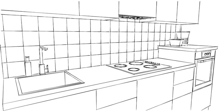 Black and white line drawing of kitchen counter isolated.