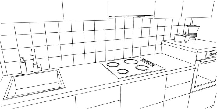 Kitchen counter close up. Black and white line drawing, Top perspective view.