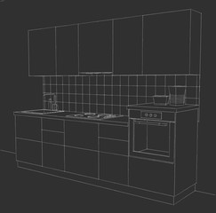 Small kitchen interior on black chalkboard. Perspective view.