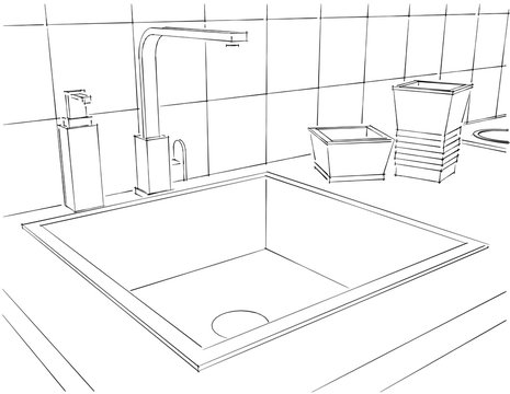 Modern kitchen counter with tap, square sink and kitchenware close up. 3d outline illustration.