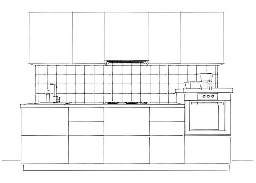 Contemporary kitchen interior sketch black and white isolated. Front perspective view.
