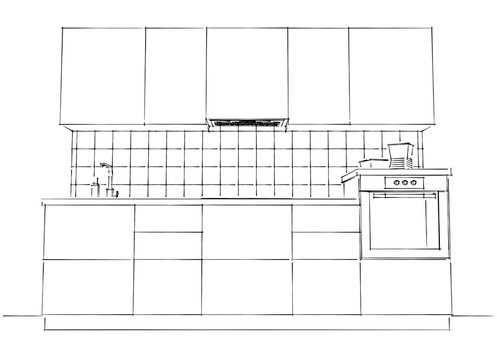 Contour sketch illustration of contemporary kitchen black and white. Front perspective view from the bottom.
