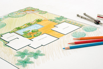 Fototapeta na wymiar Landscape architect design backyard plan for villa