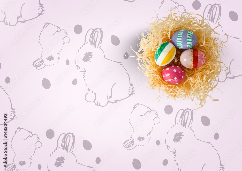 Poster easter eggs in nest on top of pattern