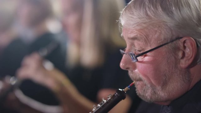  Symphony orchestra during a performance with focus on oboist. 