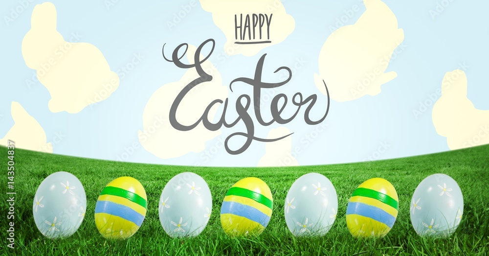 Poster happy easter text with easter eggs in front of pattern