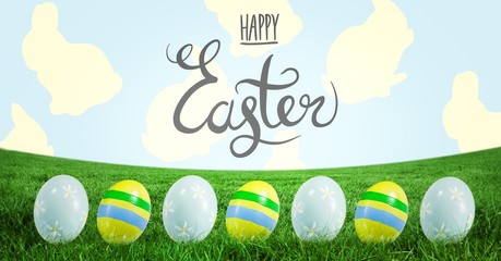 Happy Easter text with Easter eggs in front of pattern