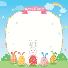 Easter day frame decorated with white rabbit and easter eggs on natural background.
