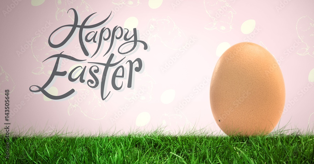 Poster happy easter text with egg in front of rabbit pattern